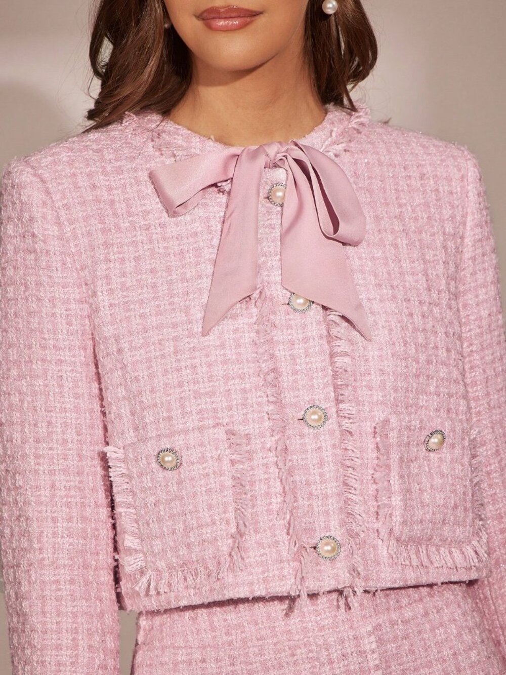 Pink Elegant Women's Princess Tweed Jacket with Pearl Buttons and Bowknot Tie
